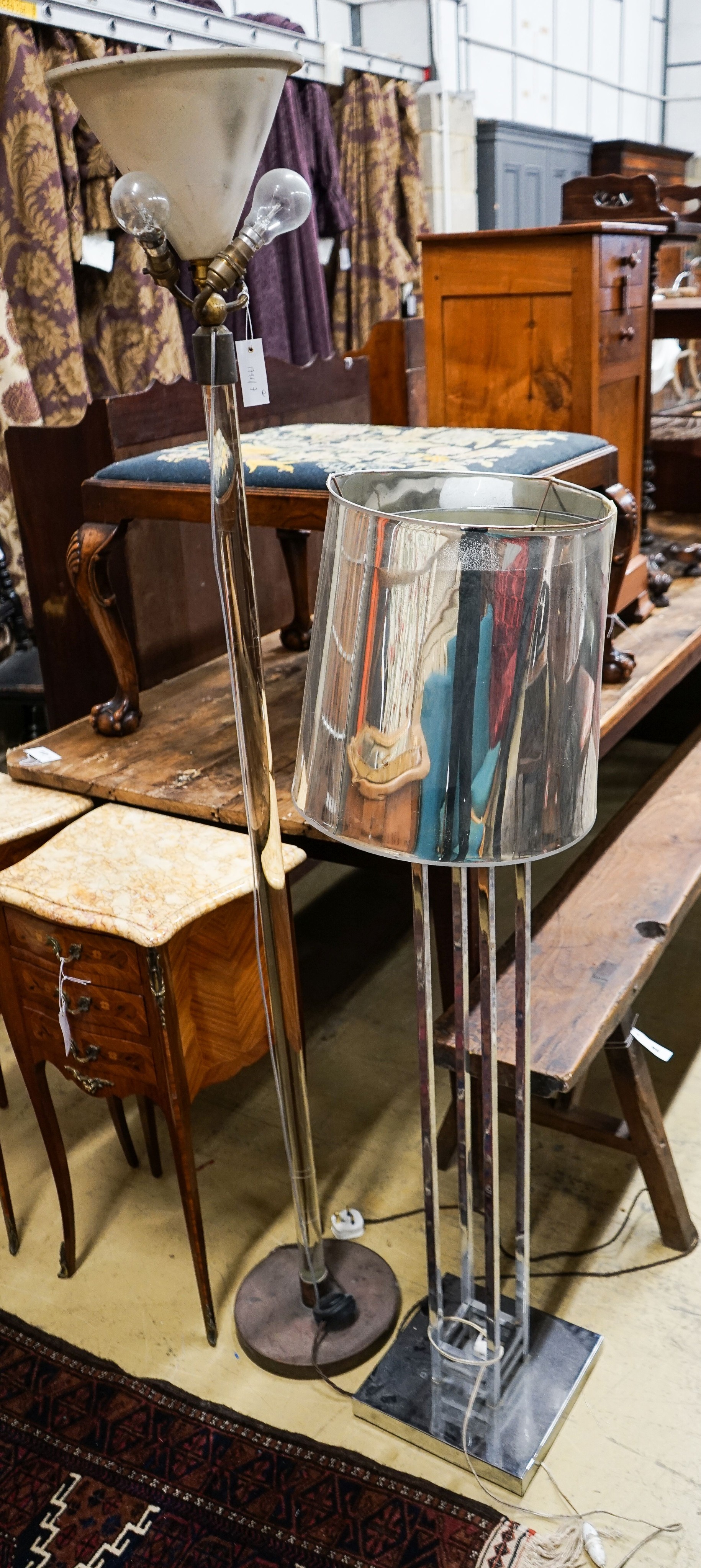 A mid century design perspex column uplighter floor lamp together with a chrome floor lamp, larger 168cm high